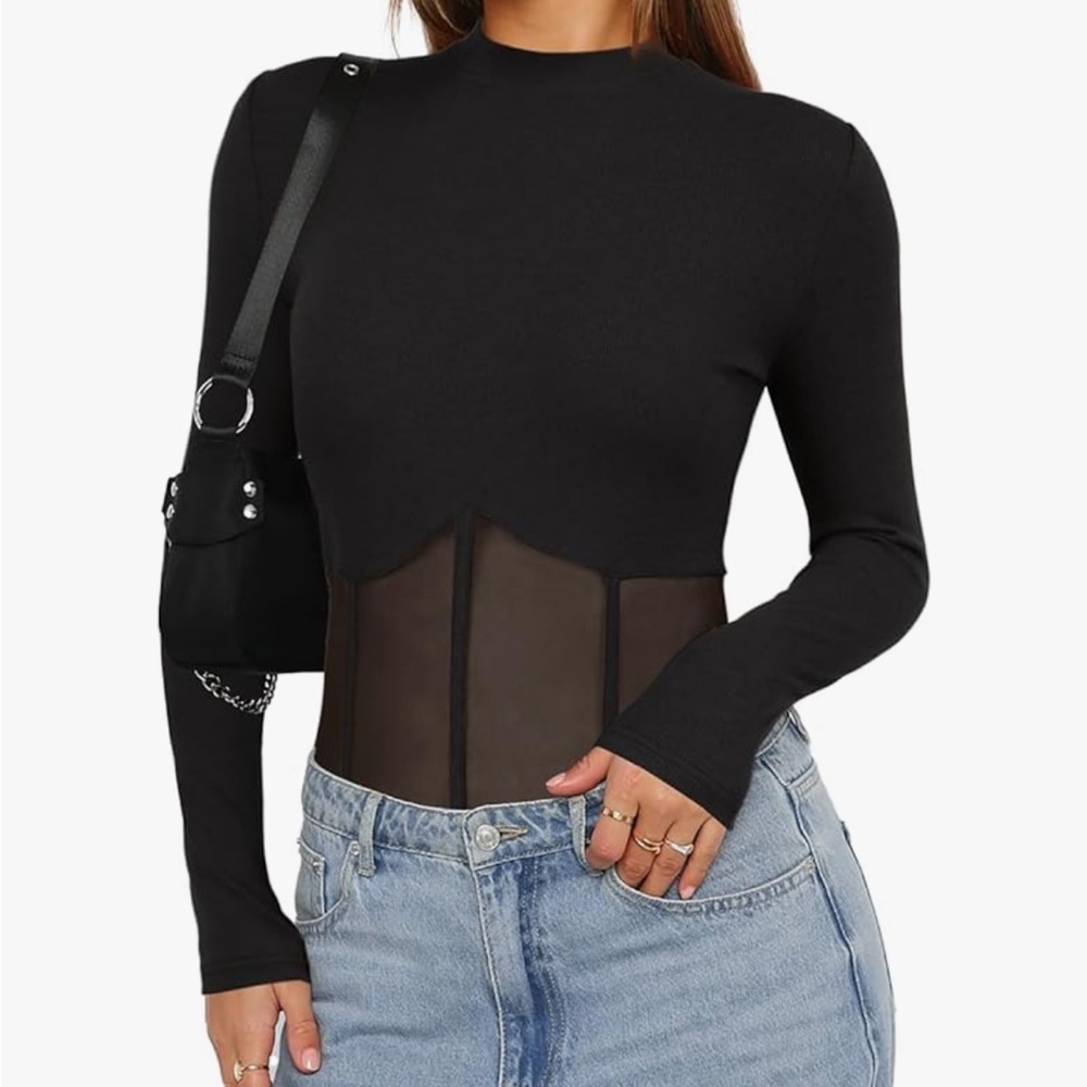 Darong Women Long Sleeve Bodysuit Crew Neck Mesh Sheer Panels